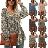 Long Puff Sleeve Floral Print V-Neck Casual Blouse for Women