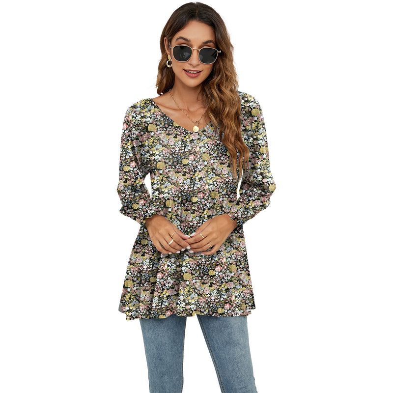 Long Puff Sleeve Floral Print V-Neck Casual Blouse for Women