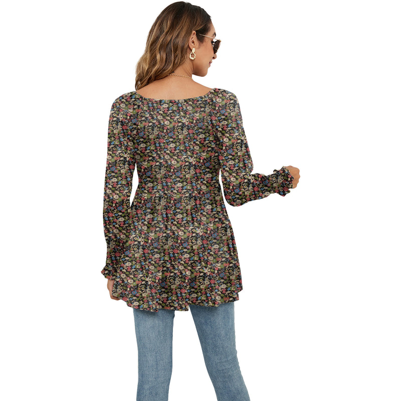 Long Puff Sleeve Floral Print V-Neck Casual Blouse for Women