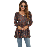 Long Puff Sleeve Floral Print V-Neck Casual Blouse for Women