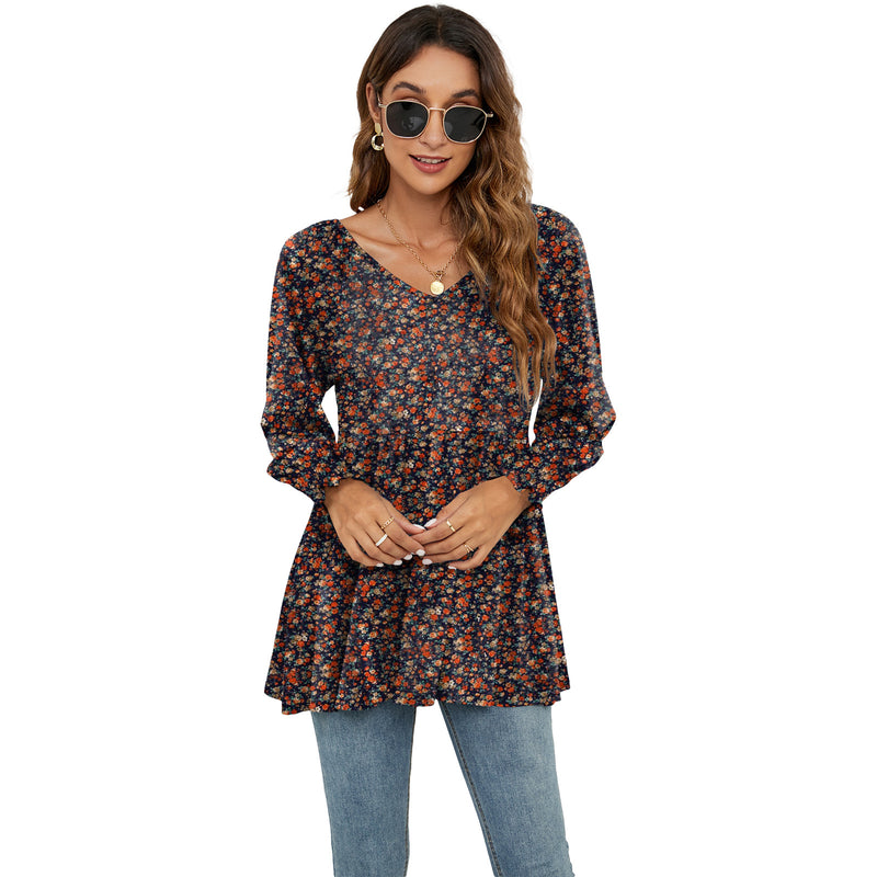 Long Puff Sleeve Floral Print V-Neck Casual Blouse for Women