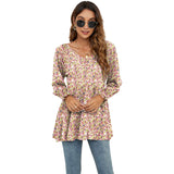 Long Puff Sleeve Floral Print V-Neck Casual Blouse for Women