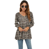 Long Puff Sleeve Floral Print V-Neck Casual Blouse for Women