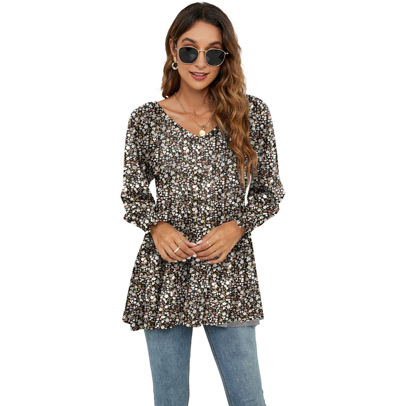 Long Puff Sleeve Floral Print V-Neck Casual Blouse for Women