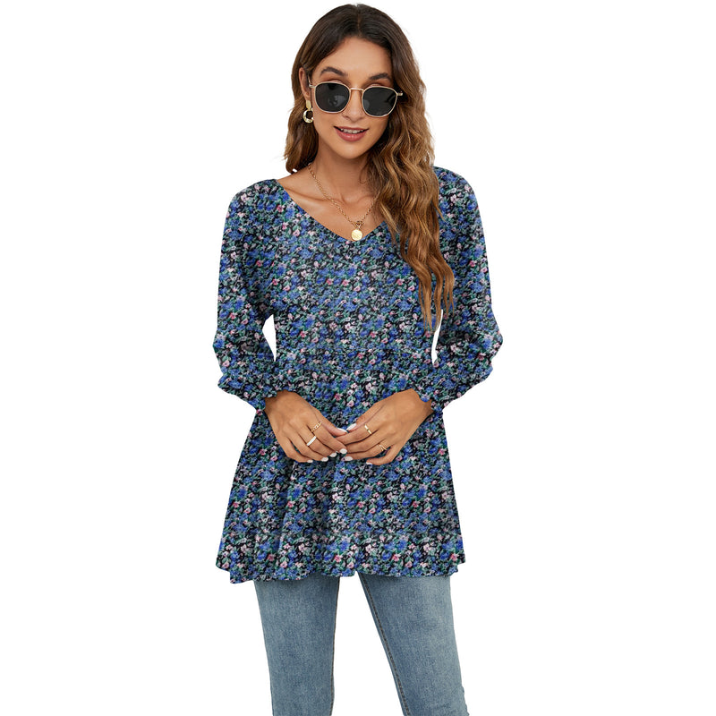 Long Puff Sleeve Floral Print V-Neck Casual Blouse for Women